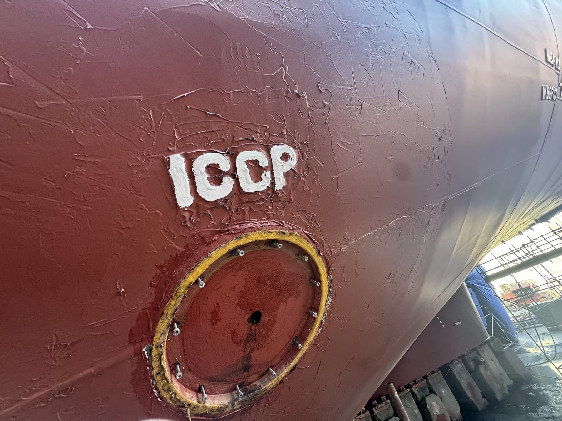 Hull with painted ICCP marking and an anode fitting