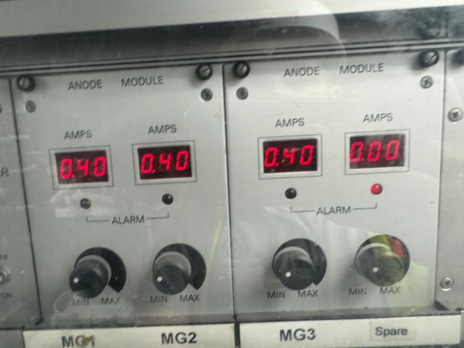 ICCP/MGPS control panel showing anode-module amperage readouts