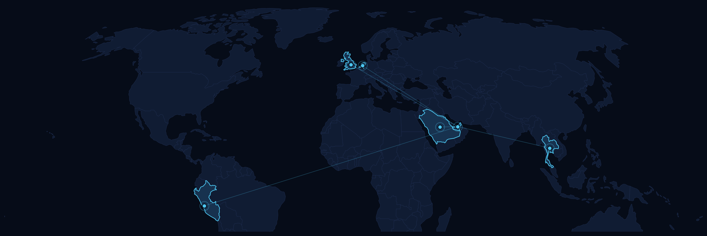 World map showing CCME-MCPS engineering, manufacturing and service capability across the United Kingdom, Netherlands, United Arab Emirates, Saudi Arabia, Thailand and Peru